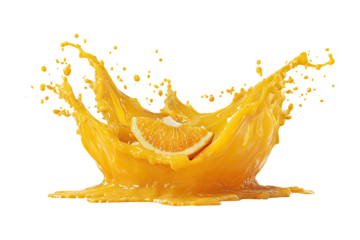 Orange juice splash with sliced oranges Vibrant Orange Juice Splash, Cut-out, Isolated on Transparent Background Fresh ripe slice of orange fruit with juice splash, isolated on transparent background.
