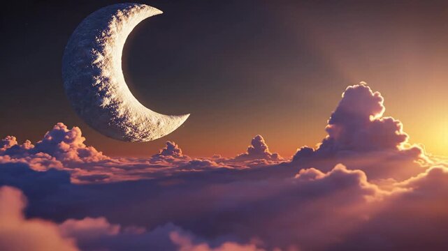Enchanting Crescent Moon Ascending Above Dreamlike Clouds During Twilight