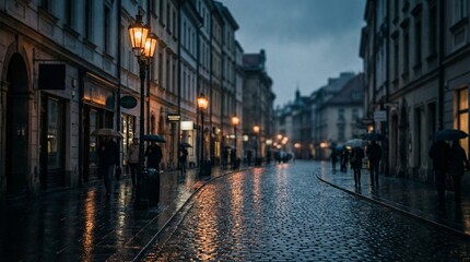 Fototapeta premium Dim rainy street scene with wet cobblestones and warm lamplight