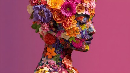 Profile Of Human Face Merging With Colorful Blooming Flowers Artistic Illustration