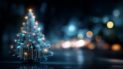 Futuristic holiday tree concept created from glowing blue circuit board patterns, digital technology background, tech celebration, defocused elements, with copy space