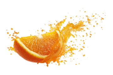 Orange juice splash with sliced oranges Vibrant Orange Juice Splash, Cut-out, Isolated on Transparent Background Fresh ripe slice of orange fruit with juice splash, isolated on transparent background.