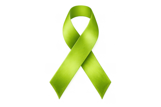 Lime green awareness ribbon symbolizing mental health, lymphoma, lyme disease, muscular dystrophy support on transparent background - Powered by Adobe