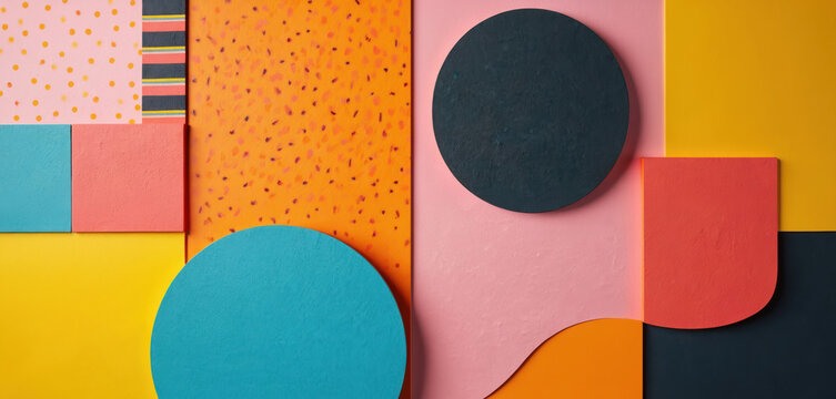 Colorful abstract shapes create playful geometric pattern. Squares circles and wavy lines arranged in vibrant asymmetrical composition. Modern graphic design, bright background texture.