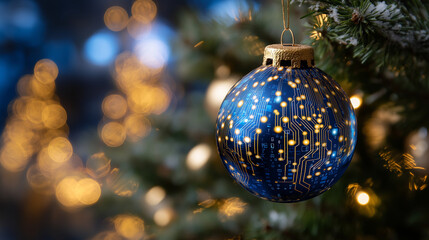Digital holiday ornament with circuit board patterns and glowing binary code on blue background, fusion of technology and festive celebration, defocused circuits, with copy space