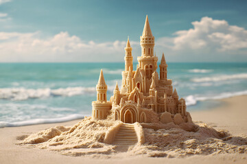 Detailed sandcastle on a beach by the ocean