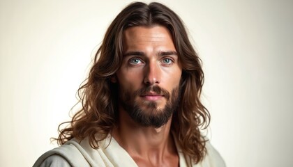 Portrait of Jesus Christ with flowing brown hair and beard, gentle blue eyes, soft gaze, wearing white robe. Peaceful, divine, holy figure. Spiritual inspiration, faith.