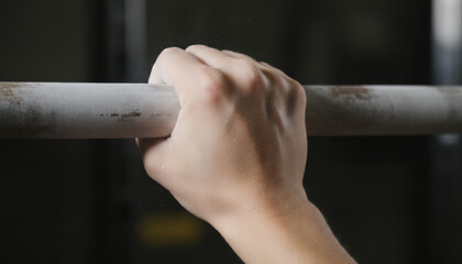 An athlete's hand squeezes a barbell in chalk dust close-up in the gym