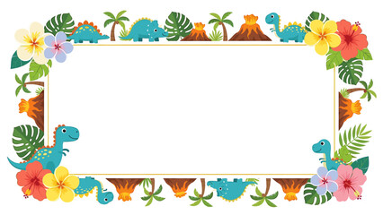 Fototapeta premium Decorative frame with dinosaurs, volcanoes, palm trees, and hibiscus flowers around a blank white space.