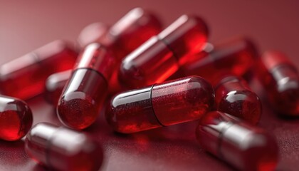 Red resveratrol capsules closeup on dark surface. Antioxidant supplement pills for health and wellness. Natural organic dietary ingredient for longevity and vitality. Health care product.