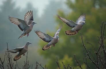 Obraz premium Four mourning doves ascend into misty air over green foliage. Birds spread wings, fly upwards towards soft light, showing natural wing detail and feather texture.
