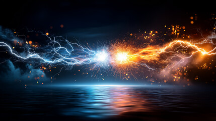 Blue and orange lightning strikes clash over reflective dark water surface, fiery sparks flying creating energetic abstract background, dramatic powerful collision of forces, with 
