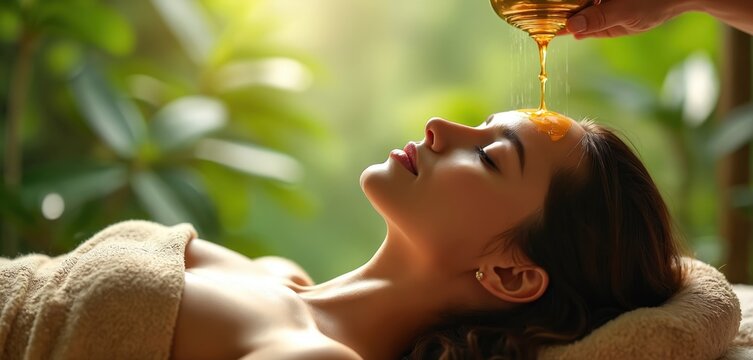 Woman gets Ayurvedic Shirodhara therapy oil pouring on forehead. She lies relax in spa salon with green plants background. Experience deep peace wellness and healing.