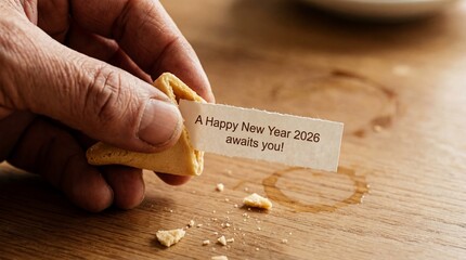 Hand breaking open a Chinese fortune cookie to reveal a paper slip with the encouraging message "A Happy New Year 2026 awaits you!" set on a wooden table.