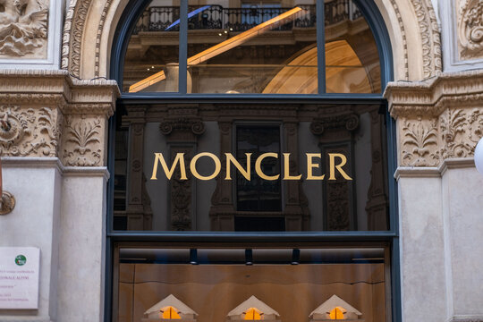 Elegant Moncler boutique facade, High-end outerwear fashion retail in Milan's prestigious shopping district, Milan, Italy - May 21, 2025