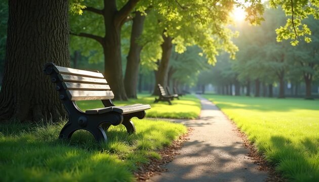 Empty park bench rests beside tree in sunlight. Walking path leads through green grass and trees. Peaceful urban nature scene with no people.