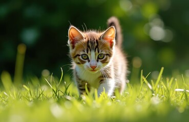 Small tabby kitten walks on bright green grass. Cute cat with striped fur explores sunny meadow. Adorable feline plays outdoors. Natural light highlights playful pet.