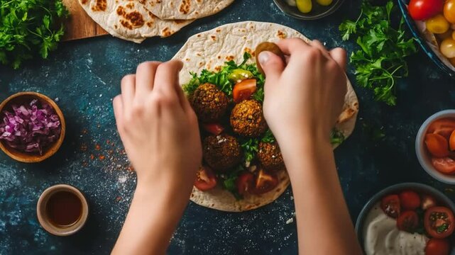 Preparing falafel wrap with fresh ingredients culinary still life