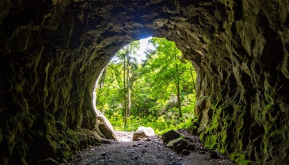 光が差し込む森の洞窟入口の風景4
