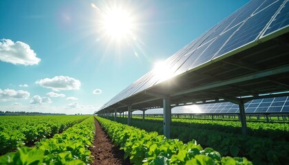 Vast green field with rows of plants under solar panels. Sunny blue sky with clouds above large solar farm. Sustainable energy and farming combined.