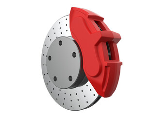 High-Performance Perforated Brake Disc Assembly, featuring a Large Red Caliper 3D Render, fully Isolated on Transparent PNG. Essential Automotive Safety, Racing, and Tuning Upgrade Component Design.