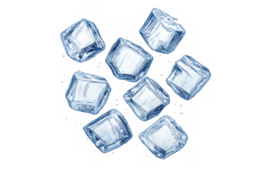 Refreshing ice cubes falling and scattering, bringing a cool, crisp sensation, creating a chilling beverage concept