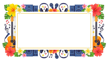 A festive music-themed frame with guitars, flowers, and audio equipment for a blank space.