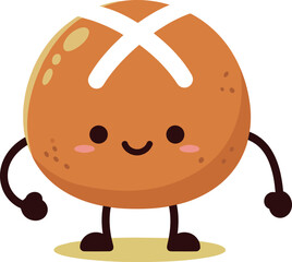 Adorable cute cartoon hot cross bun character illustration with a happy smiling face representing traditional Easter bakery treats