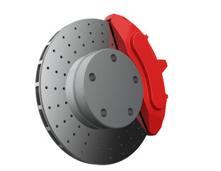 High-Performance Perforated Brake Disc Assembly, featuring a Large Red Caliper 3D Render, fully Isolated on Transparent PNG. Essential Automotive Safety, Racing, and Tuning Upgrade Component Design.