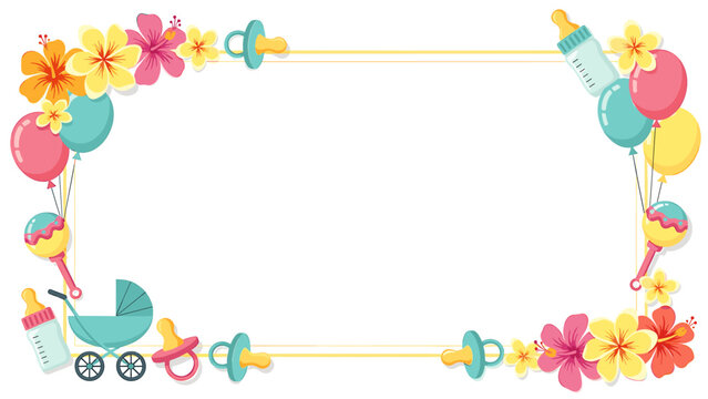 A decorative border with baby-themed elements: stroller, pacifiers, flowers, balloons, bottle, and rattle.