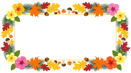 Obraz premium Autumnal frame with colorful flowers, leaves, mushrooms, and acorns arranged around a rectangular white space.