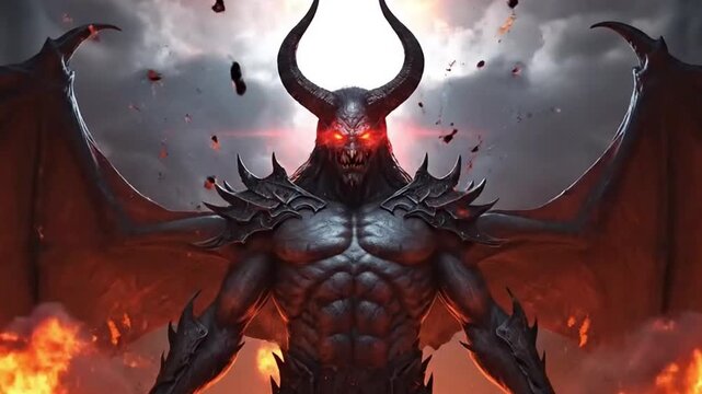 Satan standing in the depths of hell, glowing eyes, dark powerful presence, surrounded by fire, smoke, and burning flames, dramatic cinematic lighting, dark and scary atmosphere.