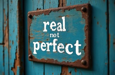 Weathered blue sign reads real not perfect attached to rustic wooden wall. Message conveys acceptance of flaws, embracing authenticity and personal growth journey.