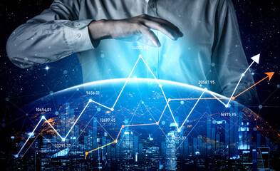A dynamic representation of a businessman using his hand to interact with data graphs above a globe, symbolizing financial growth, digital innovation, and technology in business. Scalp