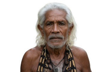 Elderly man with white hair and traditional necklace