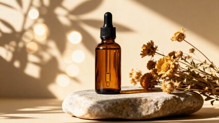 Amber glass dropper bottle with dried flowers on a stone pedestal