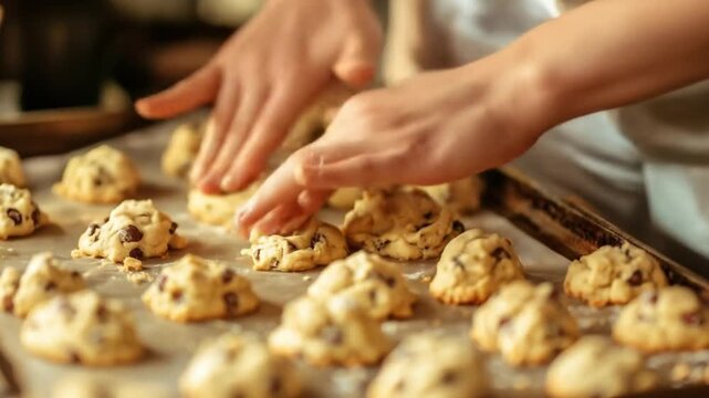 Preparing fresh chocolate chip cookies on baking sheet close up