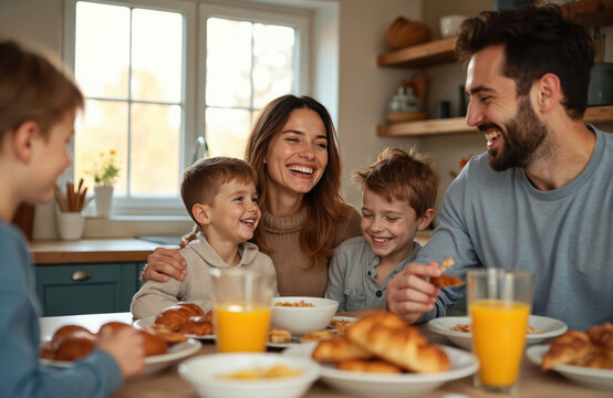 Happy family eats breakfast at kitchen table together. Parents laugh with young kids. Morning meal with orange juice croissants and cereal. Cheerful family bonding over food.