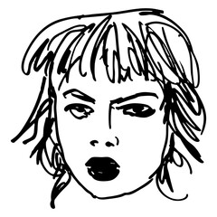 Head of a pretty sulky girl with disheveled short blond hair. Female portrait with dark lipstick. Hand drawn linear doodle rough sketch. Black and white silhouette.