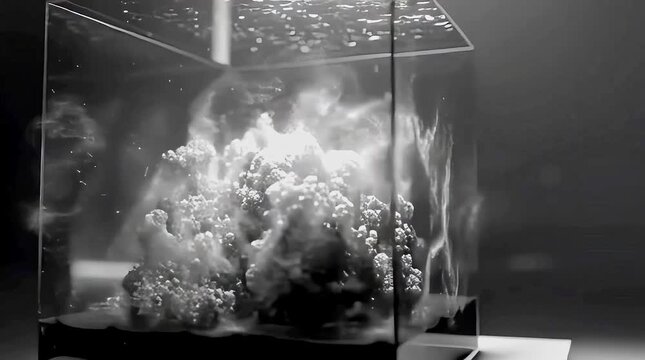 A mesmerizing glass container with illuminated contents on a square base in a dark room setting