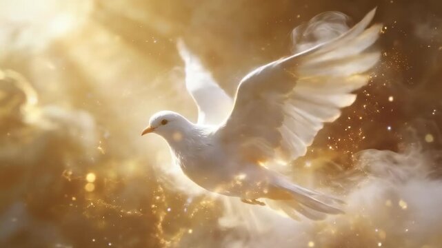White dove symbolizing the Holy Spirit flying in fire and golden clouds with divine light rays, Pentecost concept. Worship Video Background