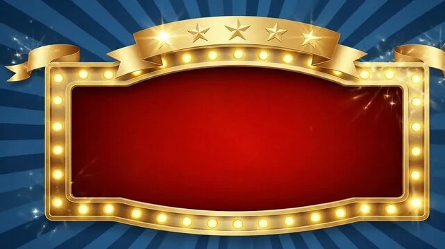 Golden marquee stage sign with star banner on blue spotlight background