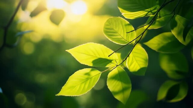 Sunlit green leaves and branches with copy space on a natural background