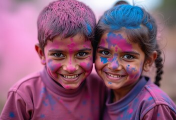 A cheerful Indian boy and girl decorated with colorful powder (gulal) during an outdoor Holi festival celebration