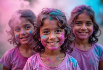 Three cheerful Indian girls decorated with colorful powder (gulal) during Holi festival celebration in the open air