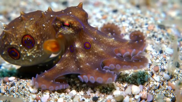 Vibrant Blue-ringed octopus resting on ocean floor sand, natural wildlife image. Possible use educational