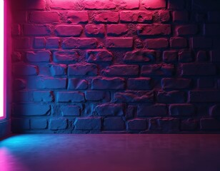 Dark brick wall illuminated by vibrant neon lights in pink and blue hues. The floor reflects the colorful glow, creating an urban, atmospheric backdrop for product displays or copy.