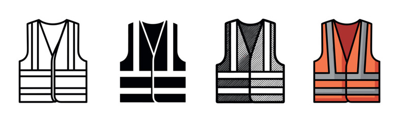 Reflective safety vest icon set with four different styles including outline, glyph, hatched, and a vibrant orange color version for workwear concepts