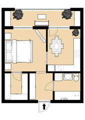 One bedroom apartment Plan floor apartments set. Studio house. Interior design elements kitchen 2D floor plan