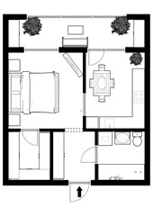 One bedroom apartment Plan floor apartments set. Studio house. Interior design elements kitchen 2D floor plan